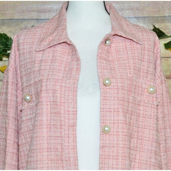 Andree By Unit Ladies Metallic Pink Tweed Shacket Button Front Jacket M Pockets - Picture 2 of 13